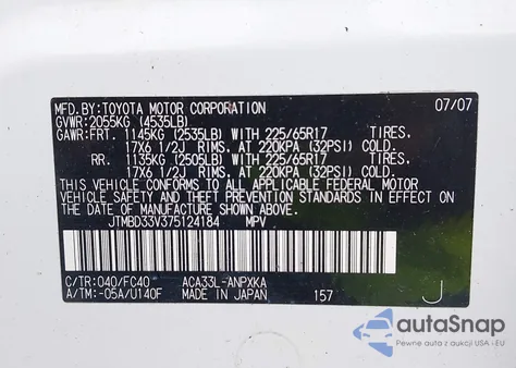 2007 Toyota Rav4 from USA, damaged, VIN JTMBD33V375124184